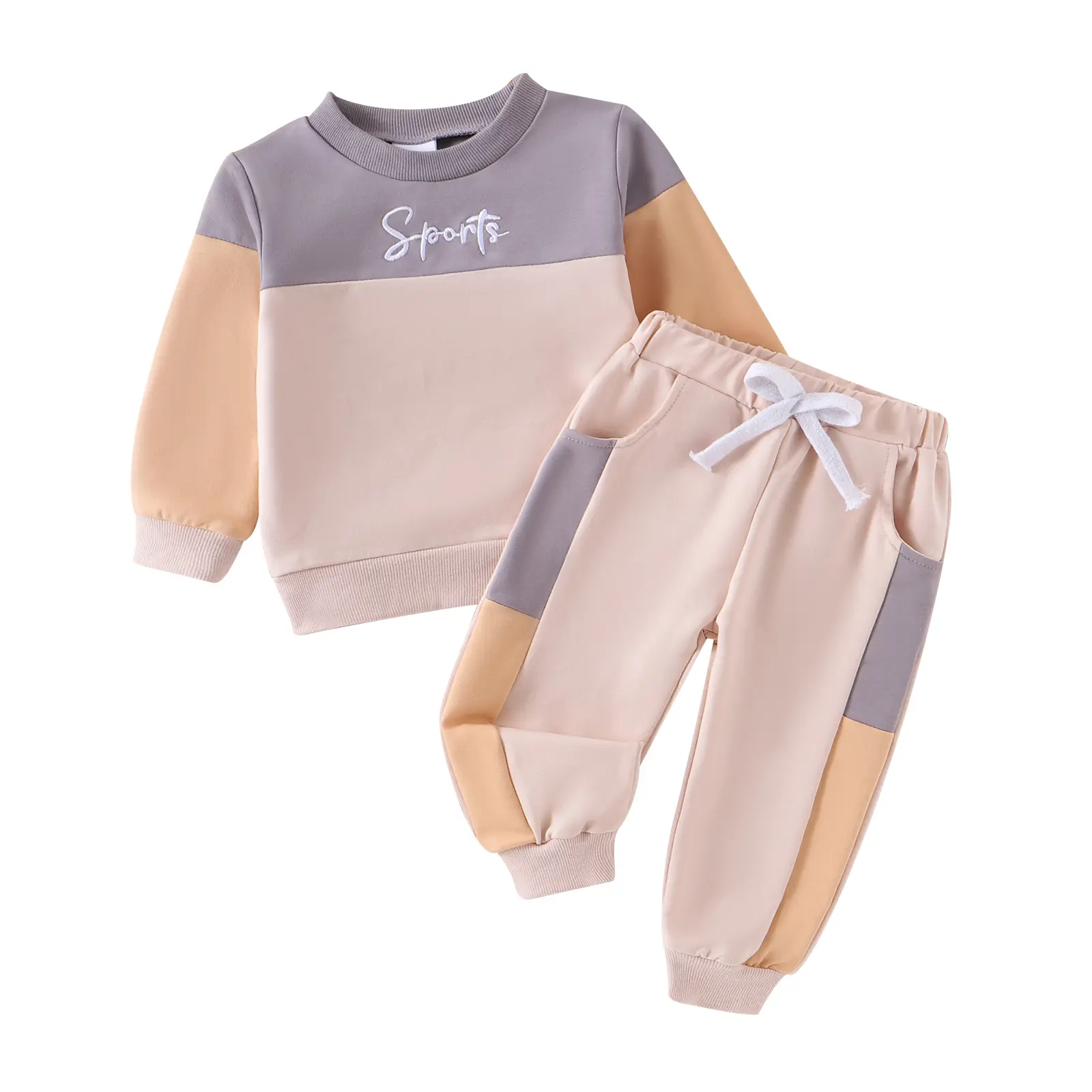 Pakaian 2 helai Kanak-kanak Perempuan Lelaki, Warna Kontras Lengan Panjang Sulaman Huruf Hoodie dan Seluar Peluh Set Pakaian