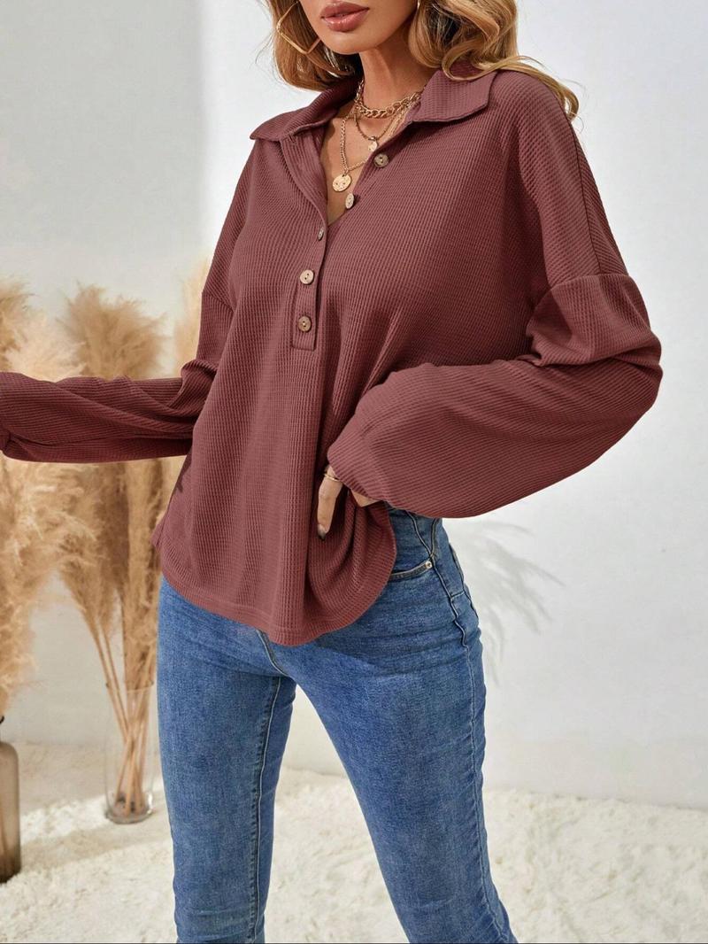 Product Introduction of Women's Plain Half Button Drop Shoulder Tee, Casual Long Sleeve Collared Top for Spring & Fall, Women's Clothing for Daily Wear 9