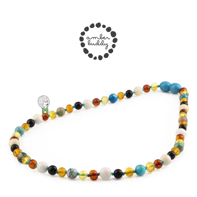 Amber Buddy - JN96 Kalung Amber dengan Lake Blue Imperial Jasper & Tridacna Shell untuk Junior. 38 cm [ FREE BANGLE ] 6