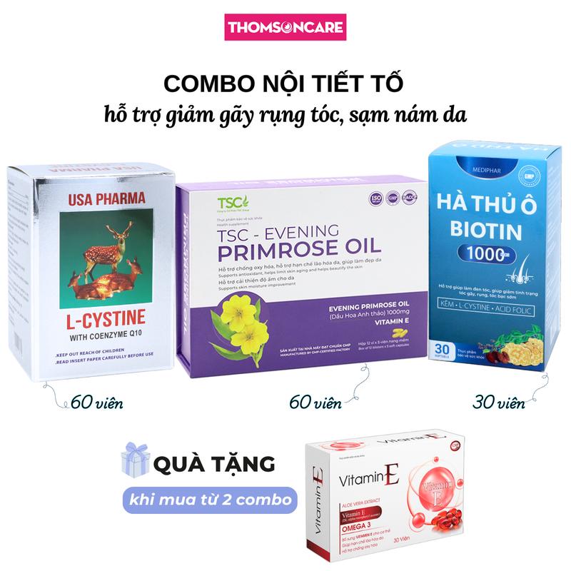 Viên uống L Cystine 60 viên dầu hoa anh thảo TSC Evening Primrose Oil 60 viên và Biotin Hà thủ ô 30 viên combo nội tiết tố hỗ trợ giảm gãy rụng tóc sạm nám da