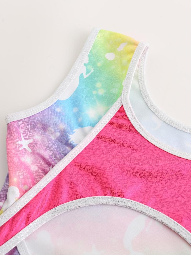 Product Introduction of Girl's Ombre Mermaid Print Cut Out Back Dance Bodysuit, Cute Sleeveless Round Neck Leotard, Girls Dancewear for All Seasons 5