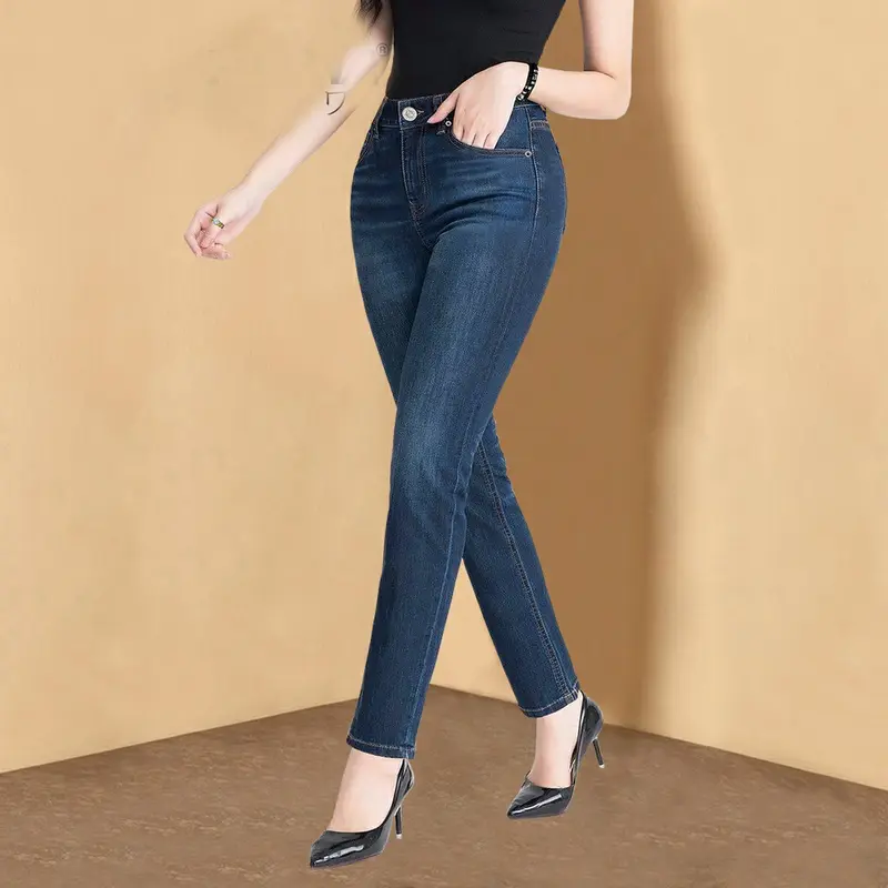 Quần Jean Nữ Trơn Lưng Cao Cotton Co Giãn 4 Chiều Dáng Skinny Hàng Thiết Kế Women Pants 1