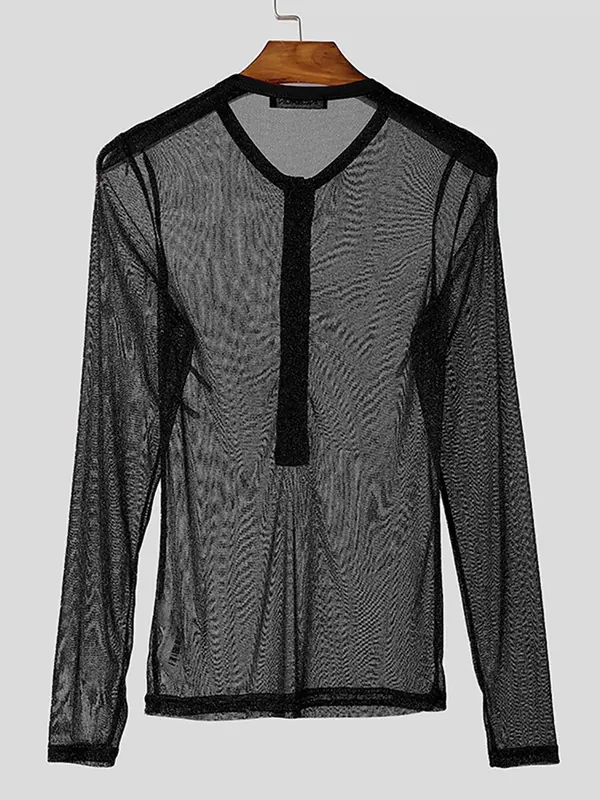 Men's Sexy Tops Sparkling Fabric T-shirts for Party Nightclub,Fashion See-through Mesh Thin Long Sleeve Tee for New Year Christmas 5