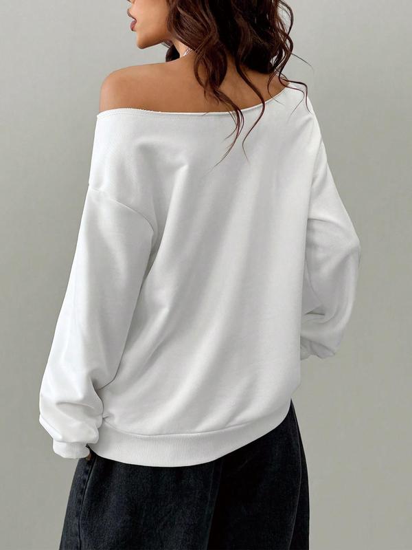 Women's Plain Off The Shoulder Sweatshirt, Casual Street Fashion Long Sleeve Pullover for Daily Wear, Ladies Spring Clothes 4