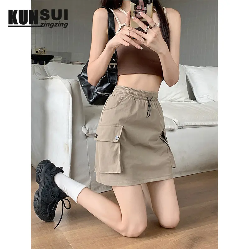 Drawstring Skirt Women's Summer Casual Short Skirt Niche Slimming Gray Elastic Waist Skirt Workwear A- line Skirt