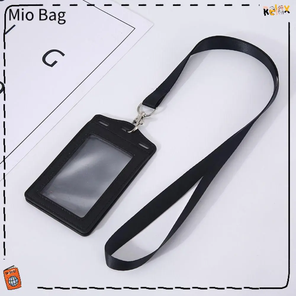 Casual PU Leather Card Badge Holder with Neck Lanyard Multifunctional Card Cover Case Card Bag Student