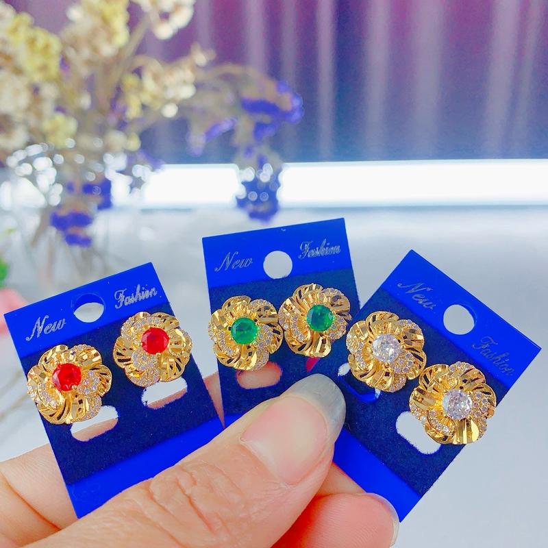 Bông tai hoa mai đá trắng đỏ,xanh  mạ vàng cao cấp , chất liệu titan bền đẹp , xịn sò. Women Hoa Tai vong cotitan Voan birthstones khuyên