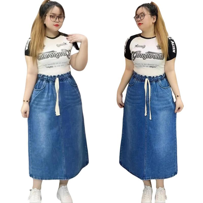 Chân Váy Jean Dáng Dài BigSize Lưng Chun Có Dây, Vải Jean Mềm, Phom A, Dài 80cm 0056 Phom To 1 Size Đủ Size 55-95kg Nữ Women Cotton chânváy bò dánglửng