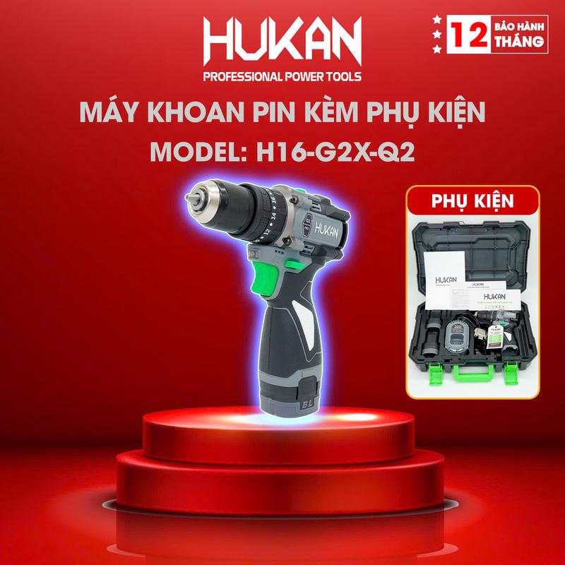  Bộ máy khoan pin 10mm Hukan Gen 2 H16-G2C-Q2 lực siết 55N 2 pin 16V sạc 16V chân pin HM16 bảo hành 12 tháng 
