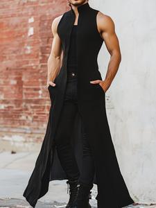 INCERUN cárdigan abierto simple para hombre, color sólido, sin mangas, largo y de cuello alto, adecuado para uso diario