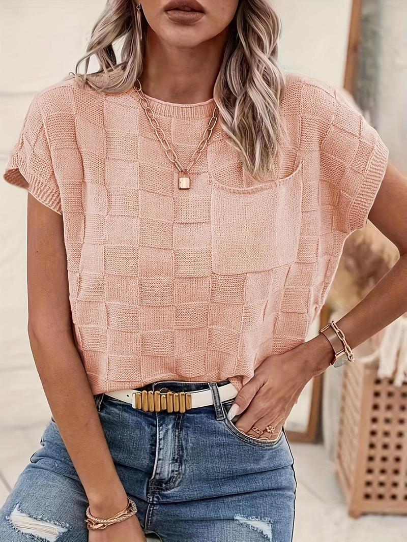 Product Introduction of Women's Textured Pocket Batwing Sleeve Knit Top, Summer Clothes Women, Casual Solid Cap Sleeve Round Neck Knitwear For Summer, Women's Knit Clothing For Daily Wear 1