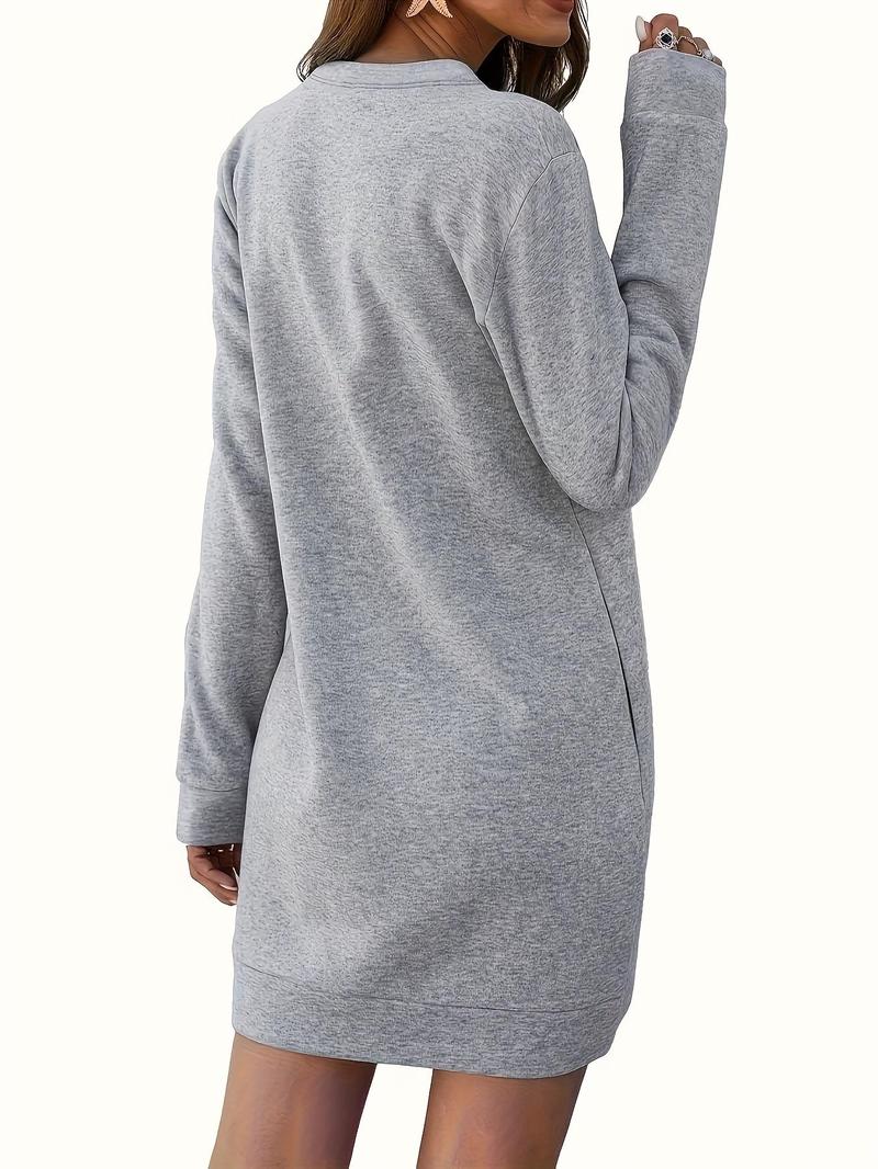 Product Introduction of Women's Letter & Christmas Print Pocket Thermal Lined Sweatshirt Dress, Casual Long Sleeve Round Neck Short Dress for Fall & Winter, Christmas Party Dress, Women's Clothes for Daily Wear 2