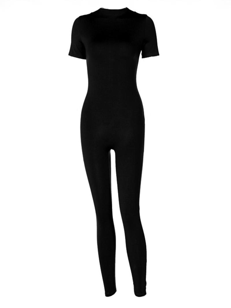 Product Introduction of Women's Solid Mock Neck Zipper Jumpsuit, Casual Basic Minimalist Short Sleeve Skinny Jumpsuit for Summer, Ladies Clothes for Daily Wear 7