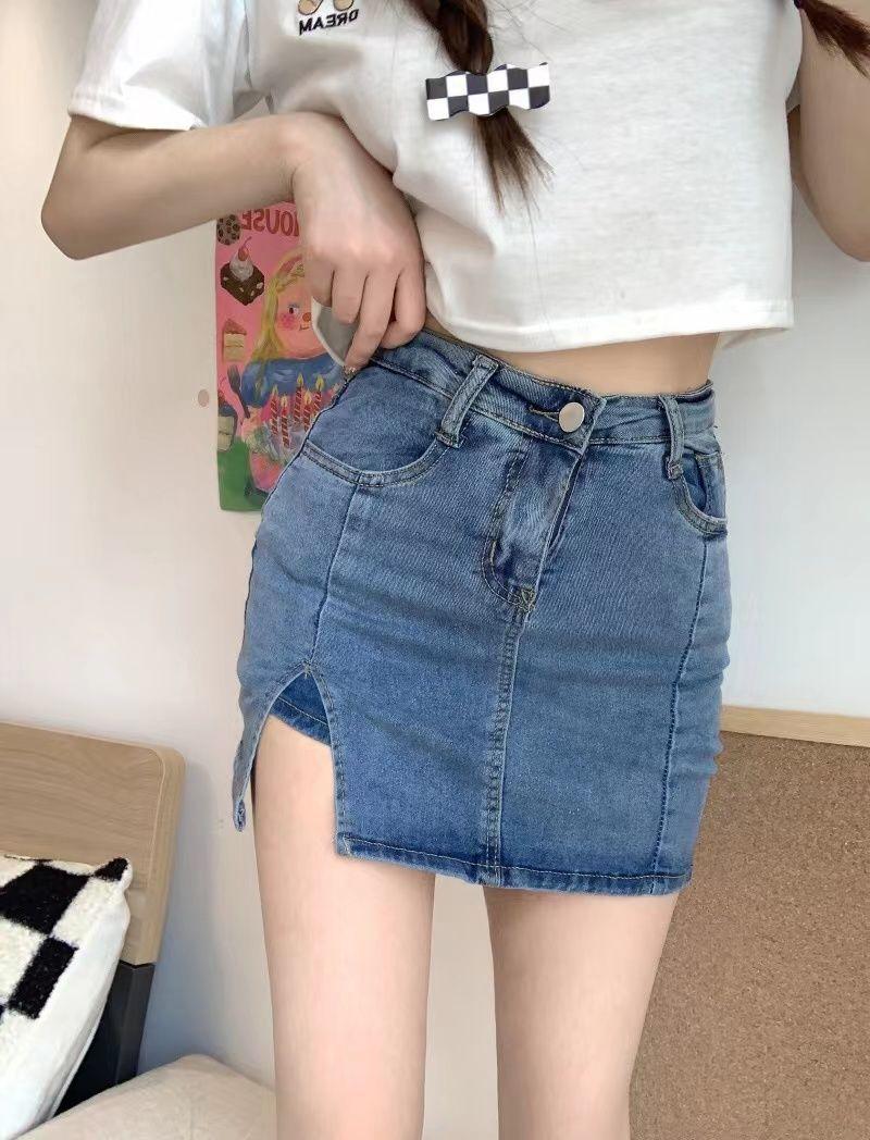 Product Introduction of Stretch Korean Style Denim Skirt Women's High Waist Anti-Exposure A- line Miniskirt and Divided Skirt Split Hip Skirt Summer 10