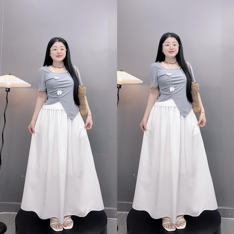 Set Áo Váy Bigsize (CÓ LẺ ÁO, VÁY) Áo Thun Kiểu Cổ Yếm Đính Nơ Bánh Bèo Vải Tăm QC Mềm Mát Mix Váy Dài Nàng Thơ Cho Nữ Chuppy (55-93Kg)- A278 CV15