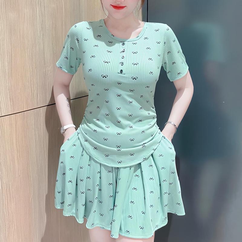 Bộ đồ quần đùi ống xòe xếp li phù hợp mọi lứa tuổi áo cổ tròn áo tay cộc chất thun gân - 288 Women Nữ Top Sen Polo Voi Ong