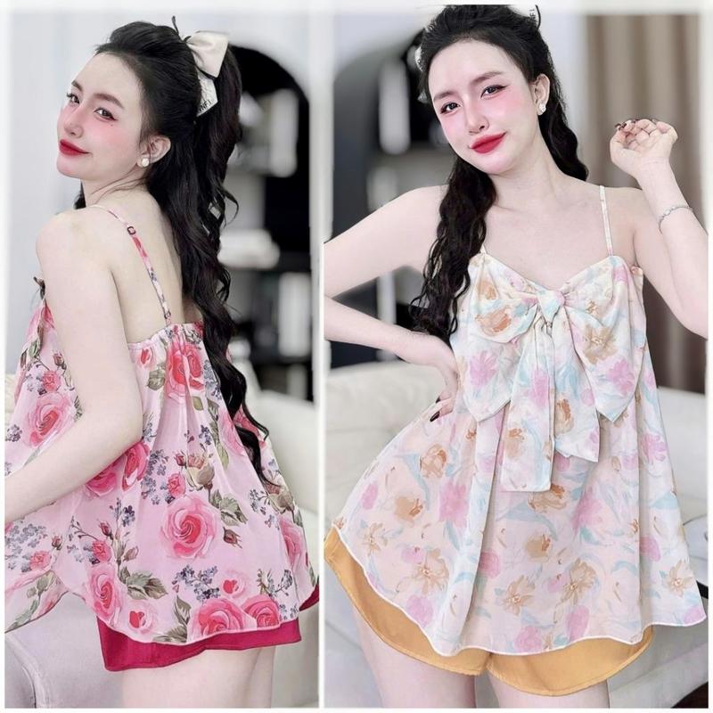 Đồ ngủ mặc nhà pyjama nữ - Bộ Ngủ Áo Hai Dây Quần Đùi se.x.y - Lụa Voan, Lụa Latin Quảng Châu