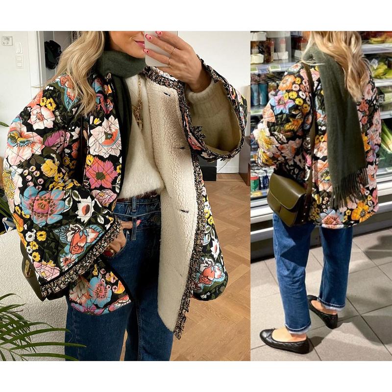 Product Introduction of Women Winter Loose Quilted Jacket Floral Print Button Down Long Sleeve Padded Coat Warm Outwear 29