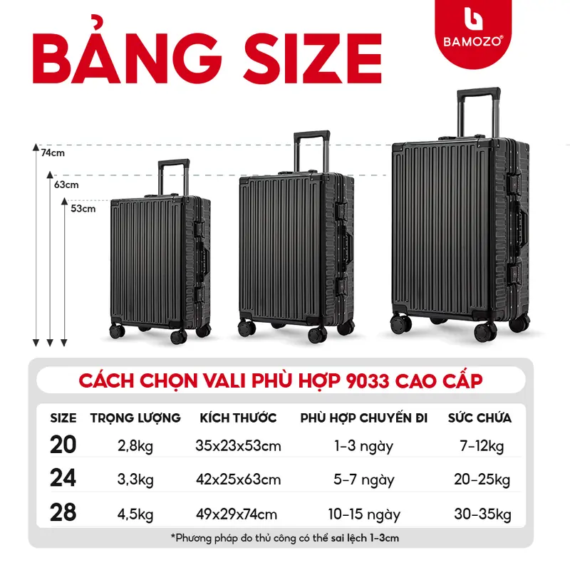 [COMBO SIZE 20+24] Vali Du Lịch Bamozo 9033 Vali Khóa Sập Cao Cấp Nam Nữ Size 20/24 nhựa PC nguyên khối Bảo Hành 5 Năm + Tặng bọc vali trong suốt 8