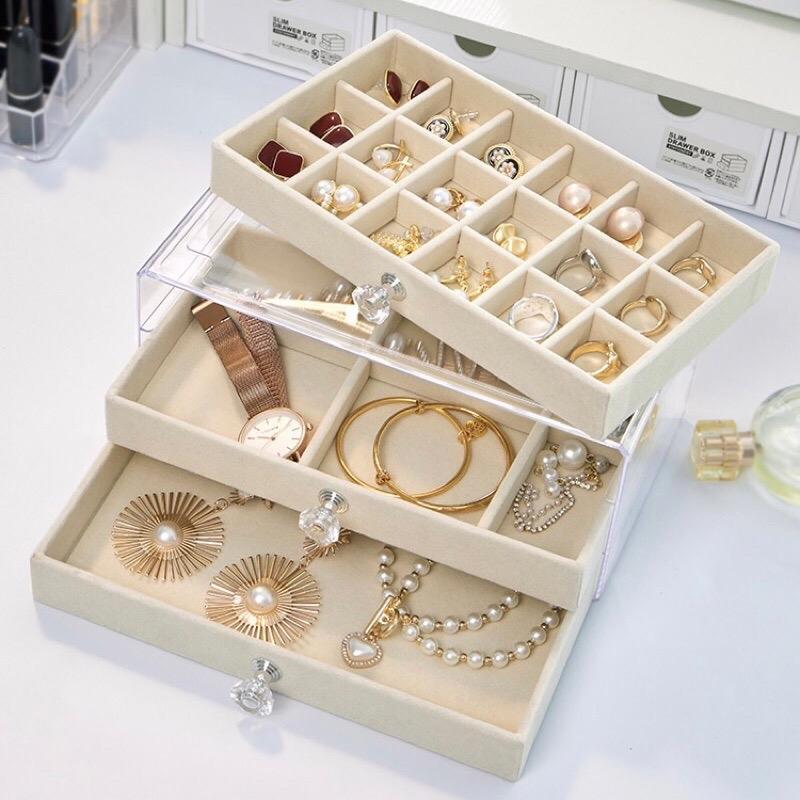 Hộp 3 Tầng Đựng Trang Sức Đồng Hồ Nữ Trang Bằng Nhung Cao Cấp Sang Trọng, Khay Đựng Son Mĩ Phẩm , Hộp Trang Sức Đa Năng