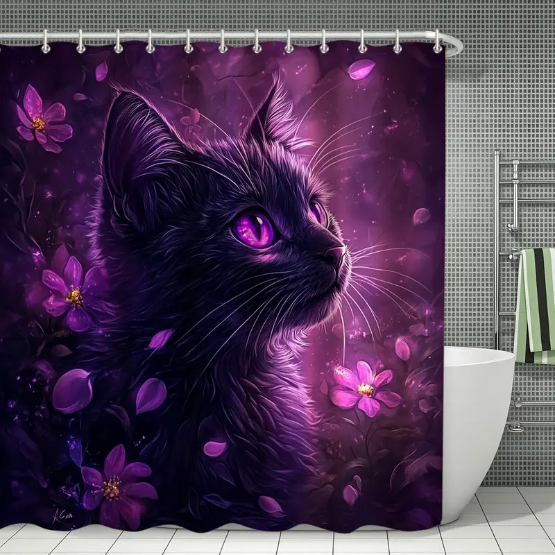 Cat Pattern Bathroom Decor Set, 1 Shower Curtain & 1 Toilet Lid Cover & 1 Rectangular Mat & 1 U-shaped Mat, Bathroom Accessories 4