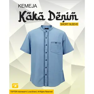 TOPTEN Kemeja Koko Polos Pria Lengan Pendek Bahan Denim  Warna  Biru Muda