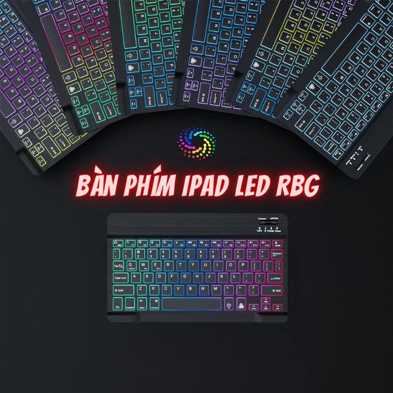 Bộ bàn phím và chuột không dây Bluetooth cho điện thoại, iPad, máy tính bảng, Laptop có đèn LED nền RGB 7 chế độ màu, pin sạc lại được, chuột silent click, có thể hít vào bao da đựng bàn phím iphone tiếng việt