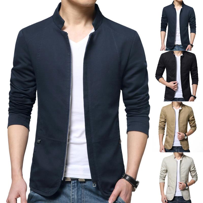 Casual Men Autumn Solid Color Stand Collar Zipper Pockets Thin Slim Blazer Coat 0