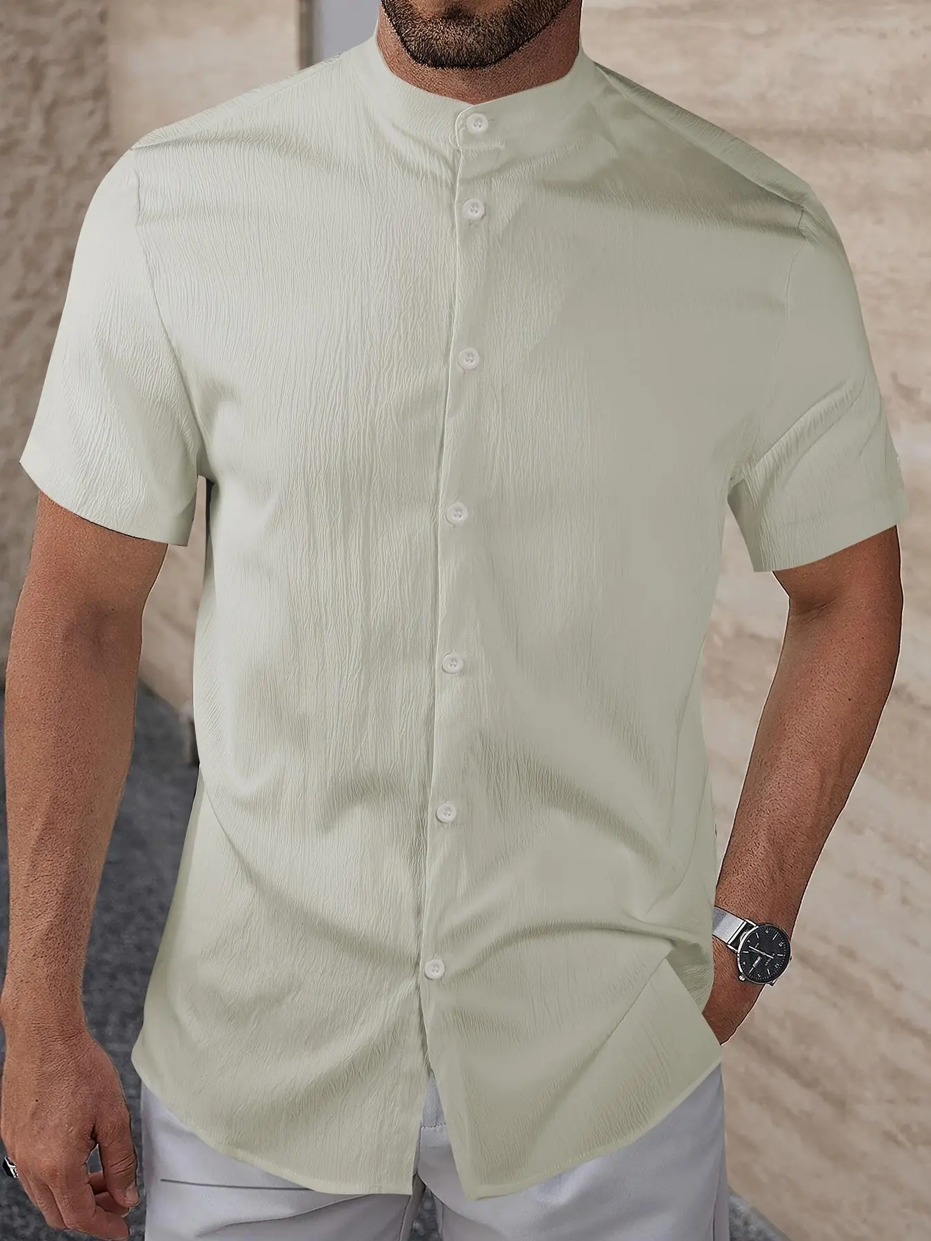 Men's Solid Button Front Shirt, Regular Fit Casual Short Sleeve Shirt for Summer, Fashion Men's Clothes for Daily Wear