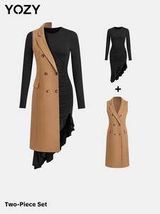 YOZY Women's Solid Double Button Sleeveless Coat & Ruched Asymmetrical Hem Bodycon Dress Set, Ladies Clothes for Daily Wear
