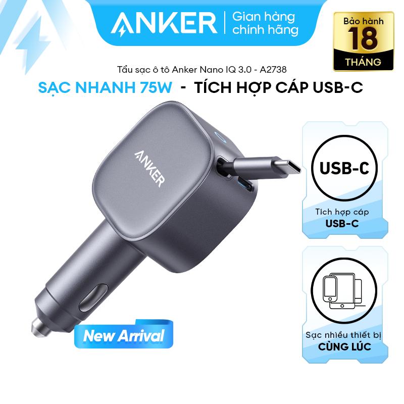 Tẩu sạc xe hơi Anker 75W | 1 cổng USB-C 30W | Tích hợp 1 cáp USB-C 45W | Sạc 2 thiết bị hỗ trợ PPS PD QC 3.0 - A2738