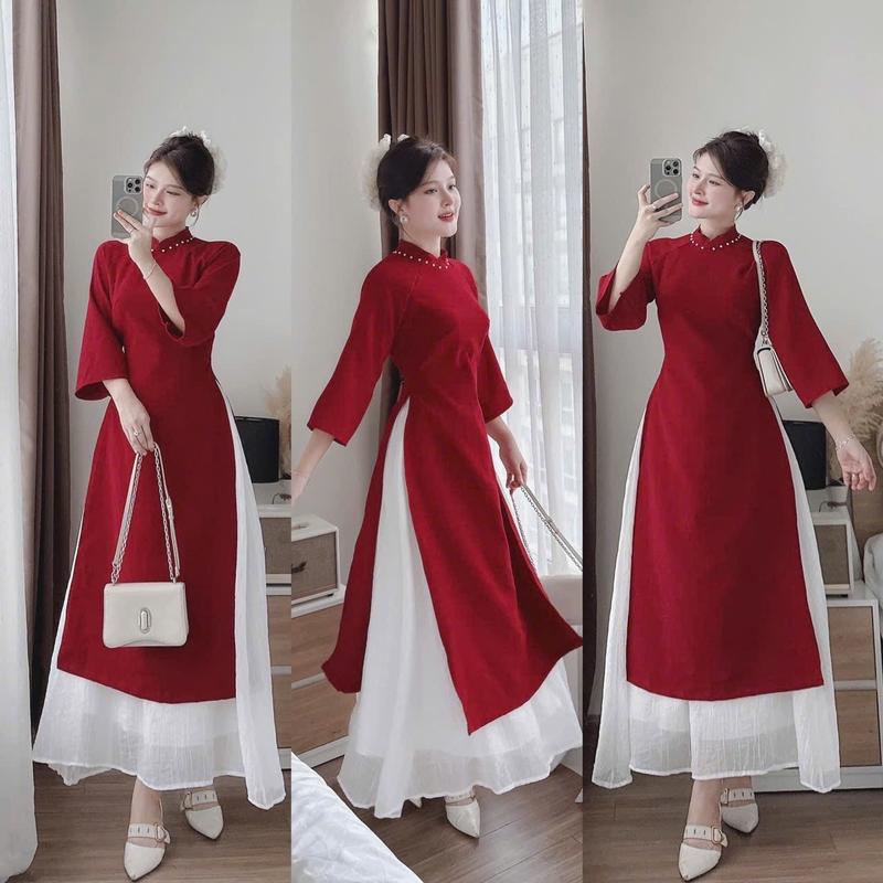 Sét áo dài nữ cách tân mặc tết chất nhung tay lỡ cổ tàu đính ngọc kèm chân váy voan tơ có lót - Dress Women 