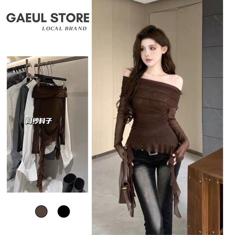 Áo thun lưới mềm kiểu trễ vai đuôi cá điệu đà - Ship hỏa tốc - Nữ, Women