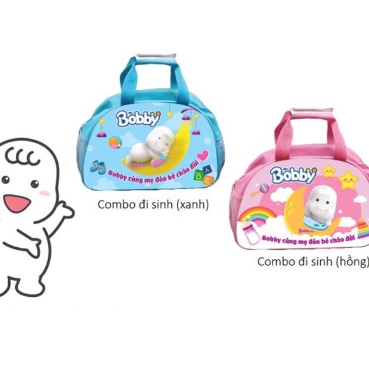 Combo đi sinh Bobby 6 món: Miếng lót NB 1-28, tã dán XS42, khăn ướt 100m, BVS Mama 12m, tã dán Caryn 3m, túi xách Cho Bé