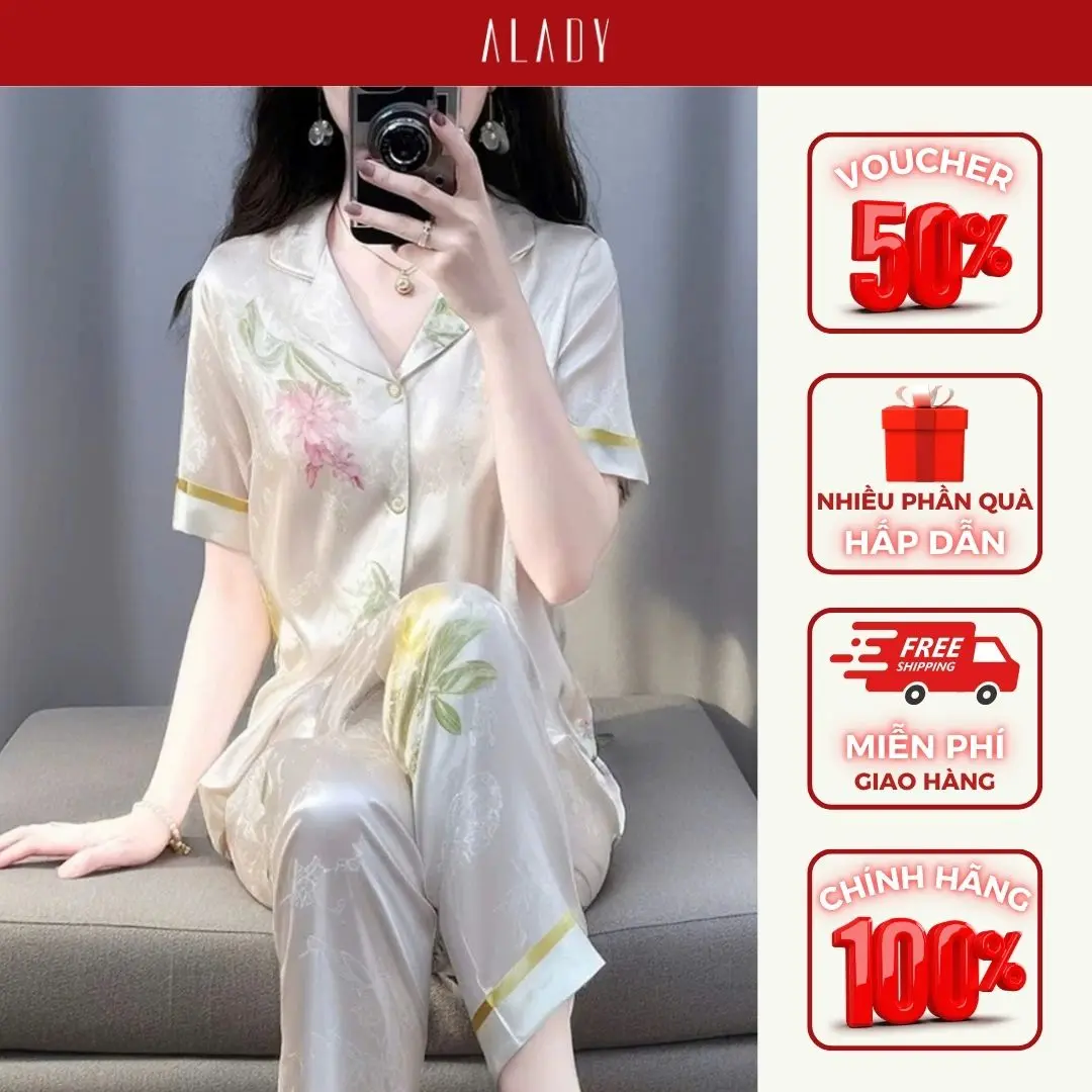 ALADY TN018 - Đồ bộ nữ Pijama trắng Áo tay ngắn họa tiết hoa, lụa Latin mềm mại Quần Ngủ