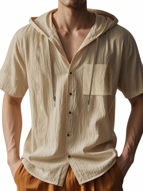Men's Solid Color Thin Breathable Linen Shirt, Casual Short Sleeve Hooded Top for Summer, Fashion Men's Clothes for Daily Wear, Gamis 1