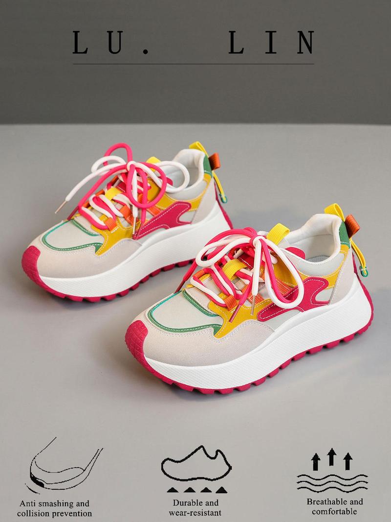 Product Introduction of Women's Fashionable Colorblock Lace Up Low Top Sneakers, Casual Comfortable Breathable Sports Running Shoes, All-match Non-slip Sneakers for Daily Wear 6