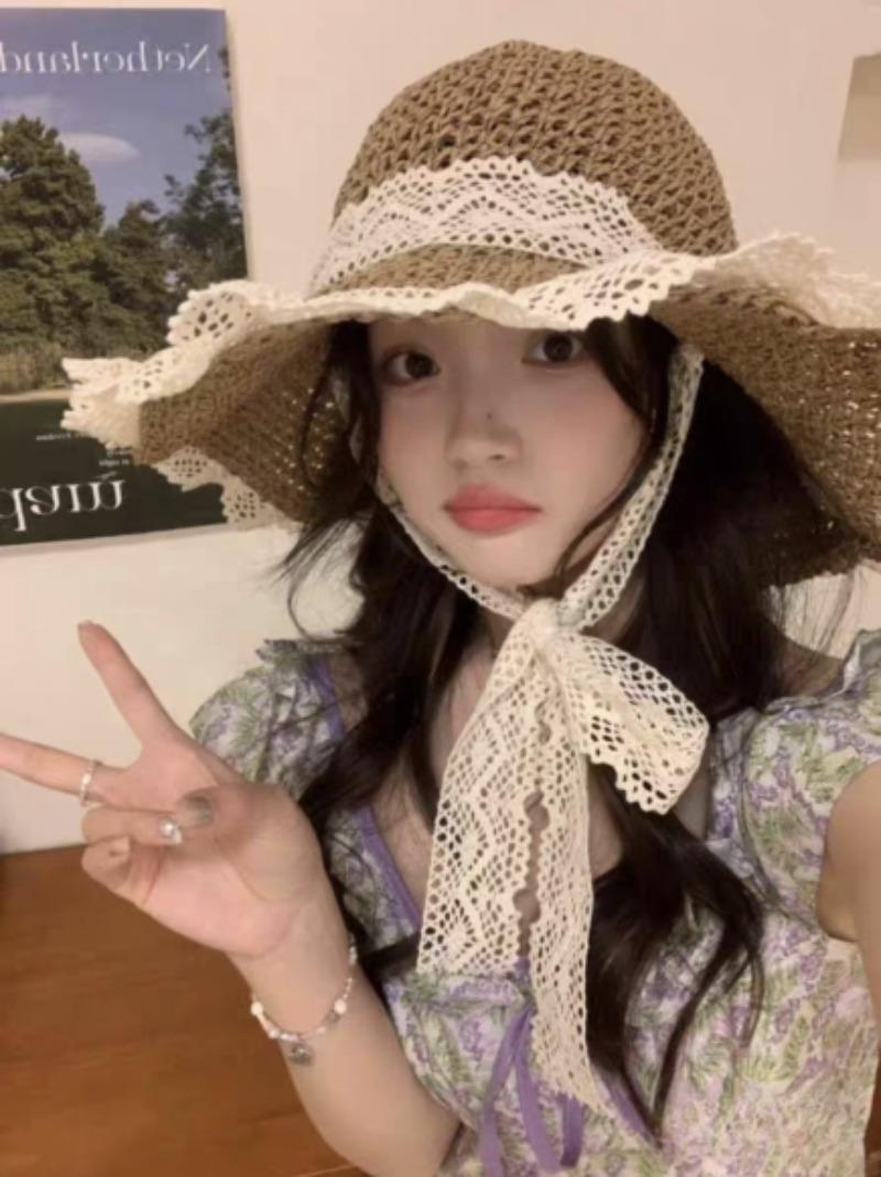 Product Introduction of Wide-brimmed straw hat with lace, windproof, Japanese style, beach hat, wide-brimmed sun hat for women 7