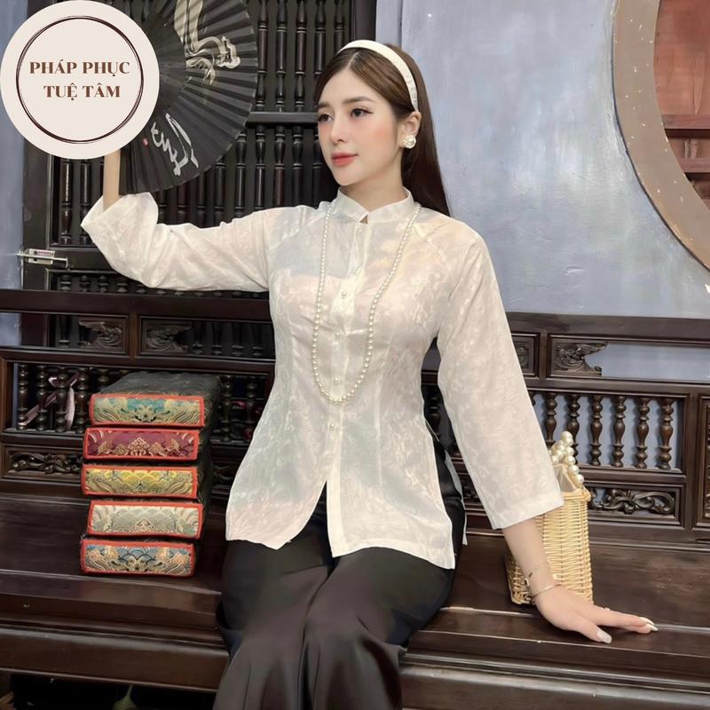 Pháp phục đi chùa cổ trụ chất liệu tơ tằm cao cấp, Đồ đi lễ chùa nữ dài tay siêu sang chảnh Women Áo Top Cổ Tròn