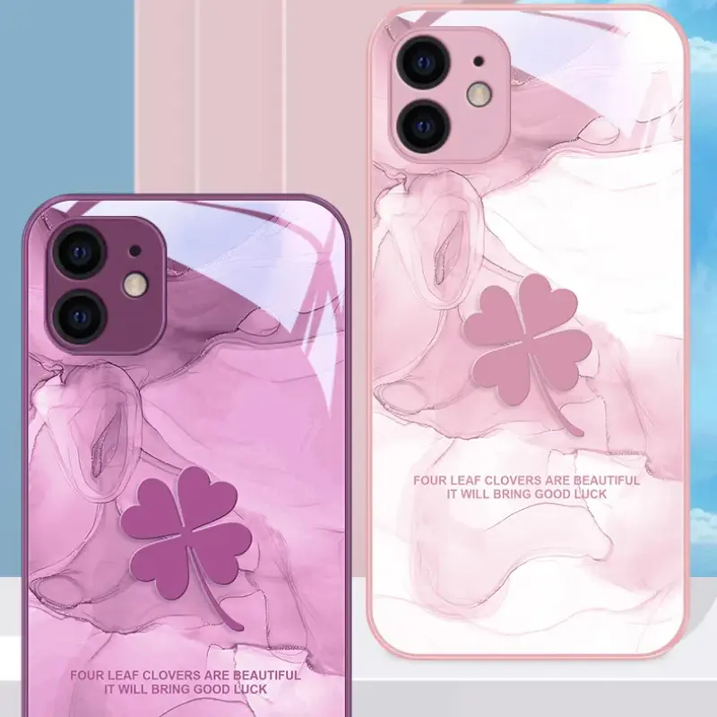 Ốp Điện Thoại Cỏ Bốn Lá, Thiết Kế May Mắn, Tương Thích Với iPhone 14 Pro Max / 14 Plus / 13 Pro Max / 12Pro Max / 11 Pro Max / XS Max / XR, Ốp Điện Thoại Xu Hướng Chống Sốc, Chất Liệu Kính, Keo Mềm TPU 8