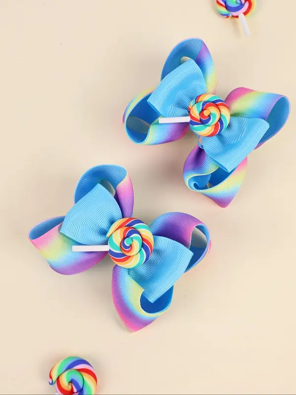 Rainbow Ombre Color Lollipop Design Hair Clips Set, Cute Bowknot Hair Clips for Girls, Fashion Hair Accessories for Party, Daily Clothing Decor 6