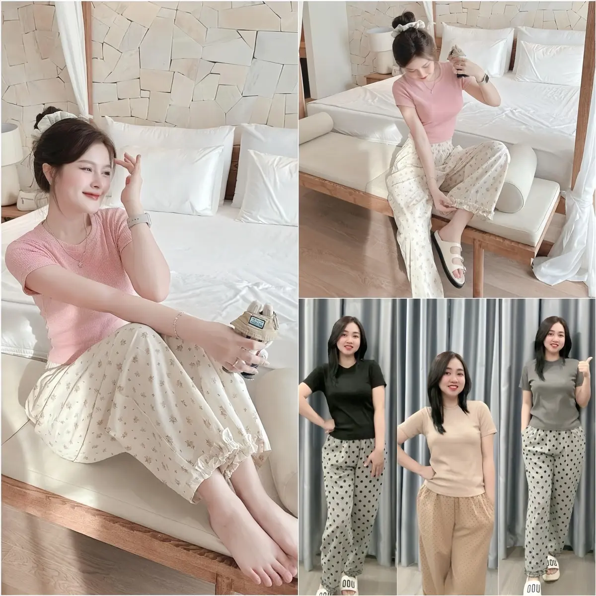 [SÉT BAGGY BÈO NHÍ+ CHẤM BI] Sét áo thun gân+ quần baggy hoạ tiết hoa nhí. Đủ size SMLXL 40kg- 70kg Nữ