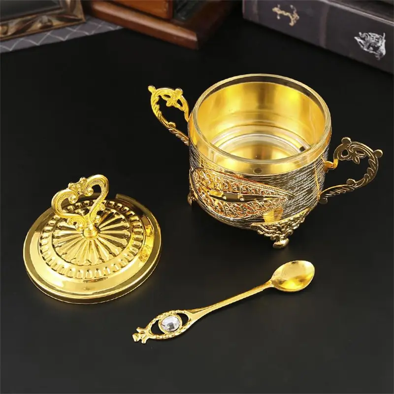 European Style Storage Jar with Lid & Spoon, 1 Count Exquisite Vintage Spice Tea Coffee Sugar Storage Box, Desktop Decoration for Home Kitchen Dining Room, Bottles 6