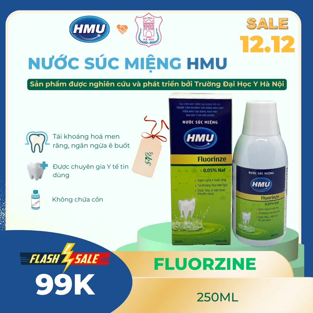 Nước súc miệng Fluorzine Đại Học Y Hà Nội- Tái khoáng hoá men răng