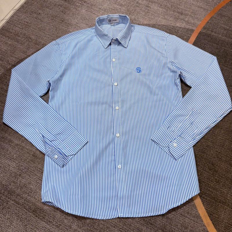 Áo sơ mi nam nữ tay dài chất cotton thêu chữ sọc xanh xám chuẩn đẹp như hình