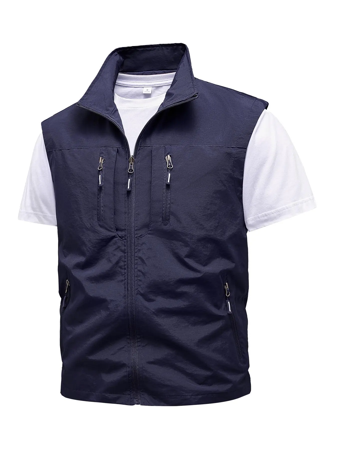 Men's Solid Zip Up Pocket Sports Vest Jacket, Casual Regular Fit Sporty Stand Collar Sleeveless Outerwear for Outdoor Activities, Breathable Men's Sportswear for All Seasons