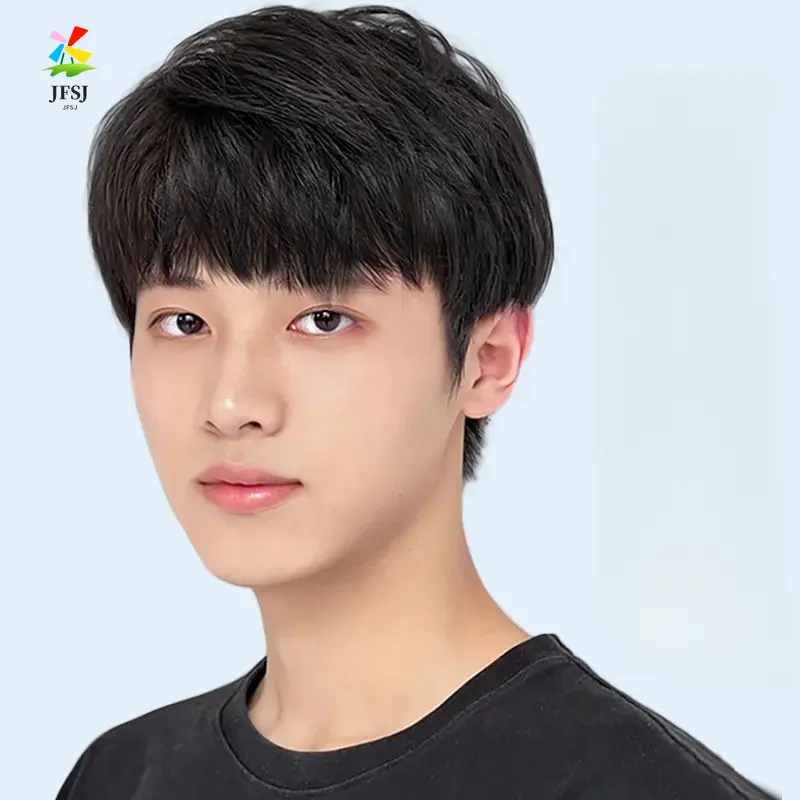 Wig untuk pria dengan rambut pendek, versi Korea, tampan, mewah, tipis, tenunan tangan, tidak terlihat, bergaya, set wig kepala penuh untuk anak laki-laki