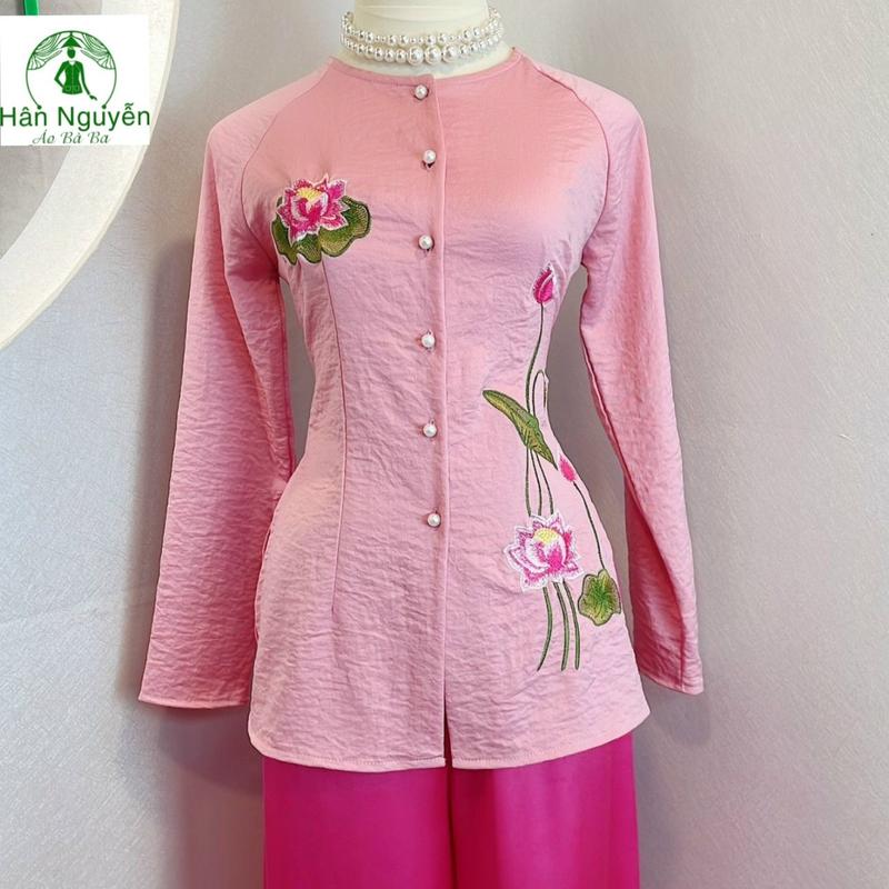 B.A83 - Bộ Bà Ba Lụa Thêu Hoa Sen (CÀI NÚT) - Hân Nguyễn Áo Bà Ba Top Nữ aoba bahan nguyen Women