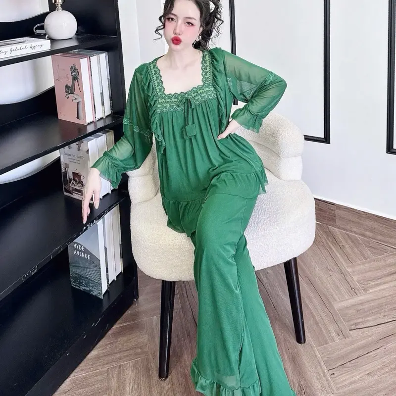 Set Bộ Tiểu Thư Style QC TDQD Cổ Vuông Phối Ren Chất Liệu Voan Thun Lưới Mềm Mát Dành Cho Nữ 40-65kg 4