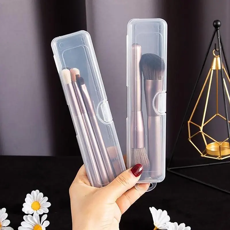 Clear Makeup Brush Holder, 1 Count Portable Makeup Brush Storage Box with Lid, Desk Organizer for Home Office School Dormitory Kitchen 7
